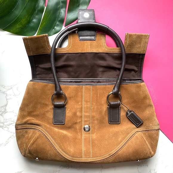 Coach Camel Suede Buckle Flap Top Satchel Purse - Picture 4 of 11